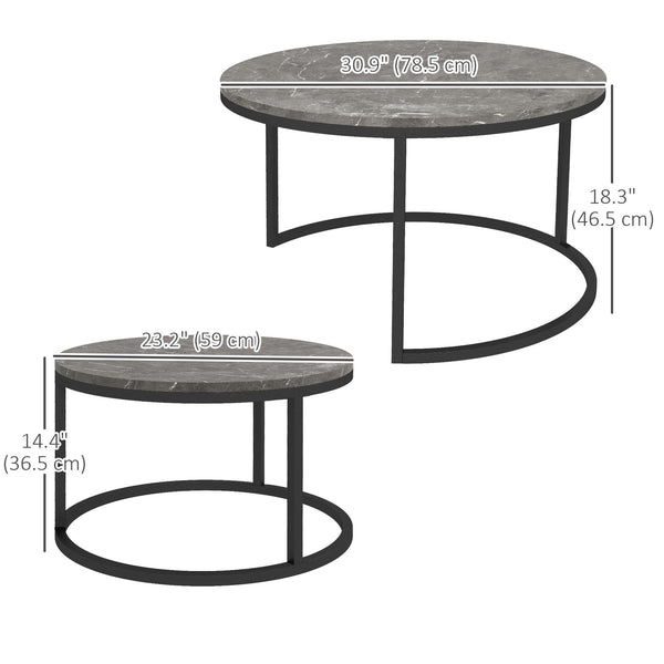 Set of 2 modern coffee tables with metal base, gray marble effect