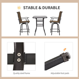 3-Piece Outdoor Bar Set, 2 Swivel Stools and 1 Bar Table, Brown
