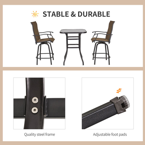 3-Piece Outdoor Bar Set, 2 Swivel Stools and 1 Bar Table, Brown