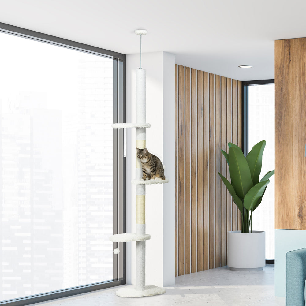 Ceiling-High Cat Tree with Scratching Posts, Cloud-Shaped Platforms, Hanging Balls, White