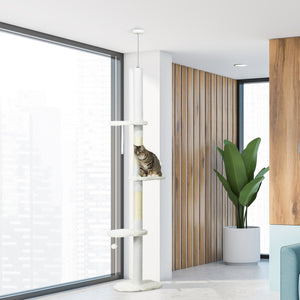 Ceiling-High Cat Tree with Scratching Posts, Cloud-Shaped Platforms, Hanging Balls, White