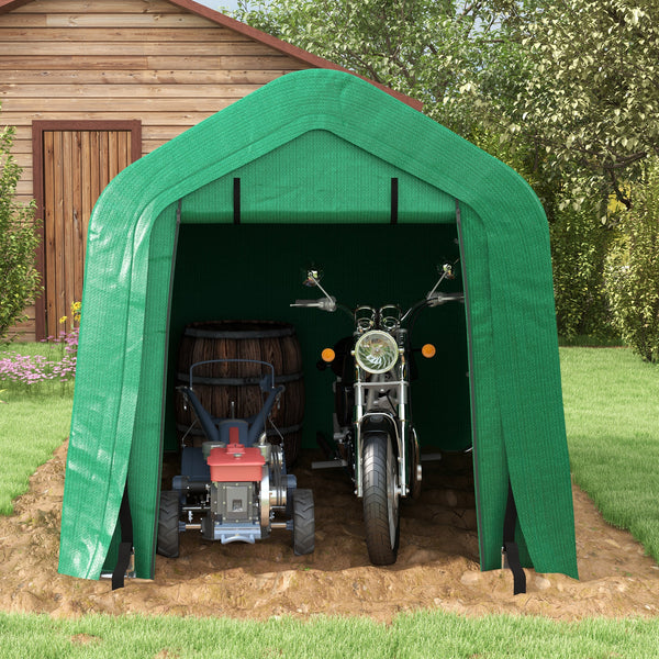 6 x 8 motorcycle shelter with side walls and roll-up door, green