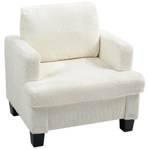 Modern chenille upholstered armchair with wooden frame and back cushion, cream white