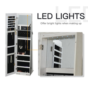 Jewelry cabinet with lockable mirror with LED lighting, white wood