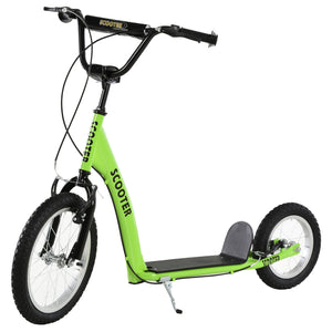 Scooter with adjustable handlebars, double brakes, inflatable wheels, green