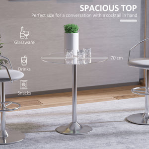 Round dining table with tempered glass top, galvanized metal base, silver