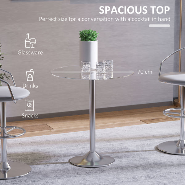 Round dining table with tempered glass top, galvanized metal base, silver