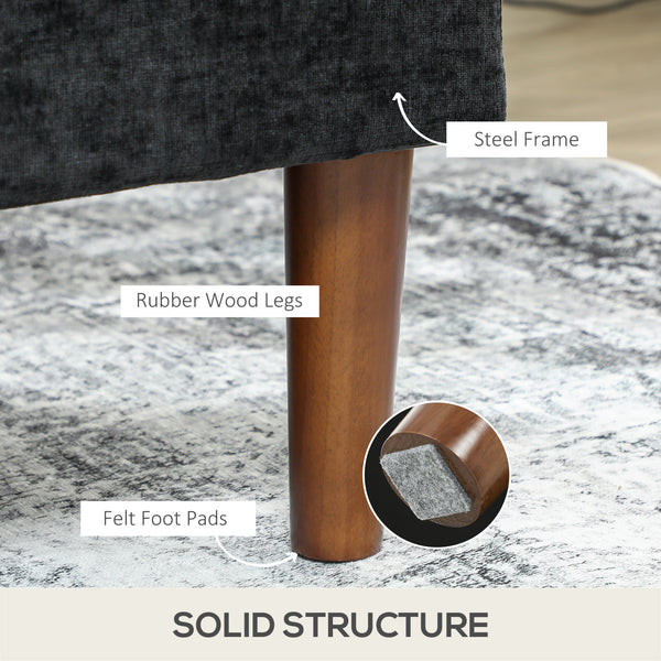 Modern corner sofa with right chaise longue, 3 seater upholstered with wooden legs, black