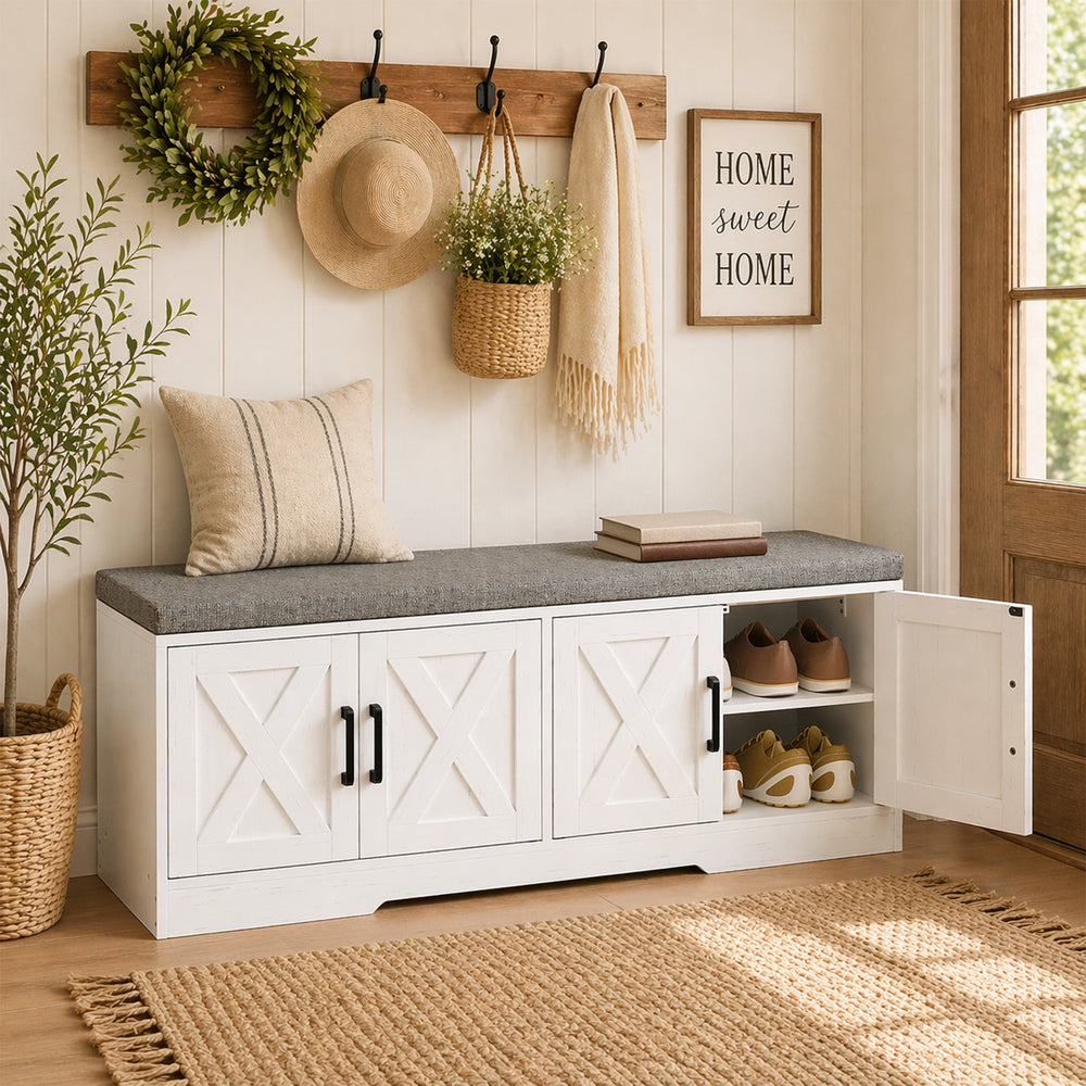 Shoe Bench with Cushion, Doors and Adjustable Shelves for Entryway, White