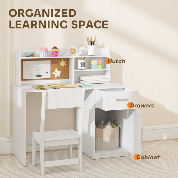 Desk and chair set with storage, drawer, cabinet, compartments and cork board