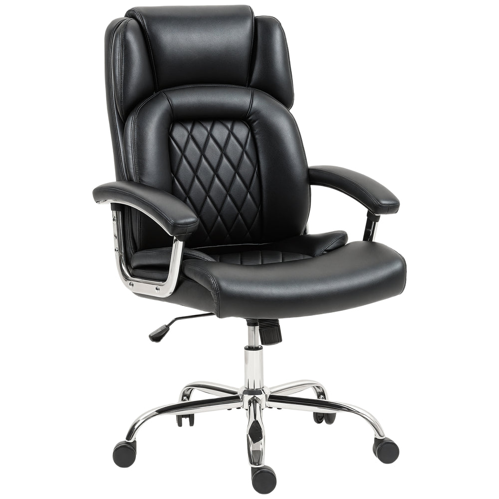 Office chair with spring cushion, faux leather upholstery, black.