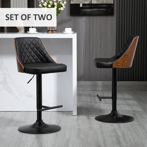 Set of 2 Modern Faux Leather Bar Stools, Swivel and Adjustable, Black