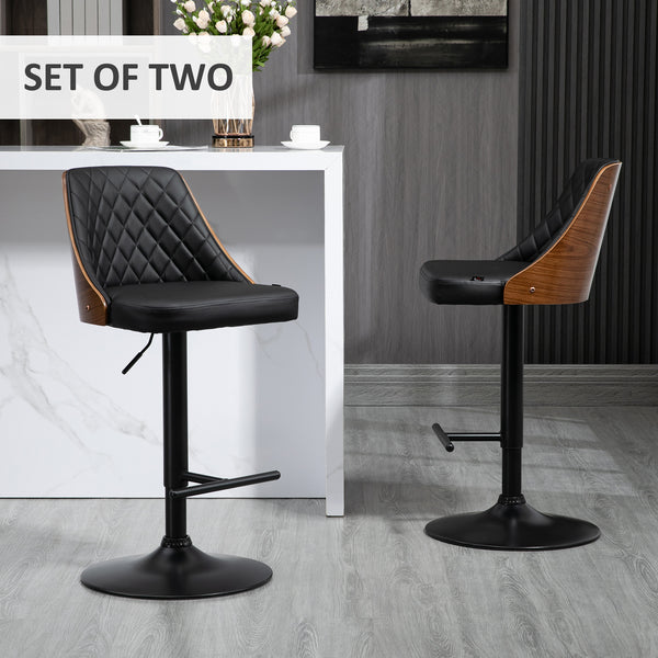 Set of 2 Modern Faux Leather Bar Stools, Swivel and Adjustable, Black
