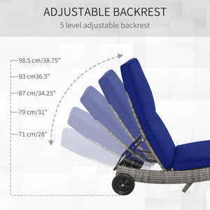 Adjustable wicker resin chaise lounge with cushion and wheels, dark blue 