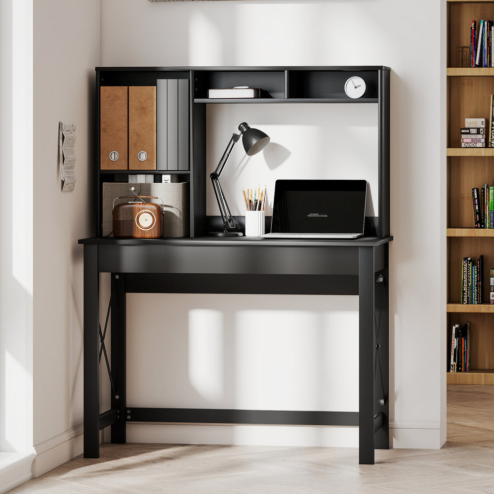 Computer desk with shelf, storage and open compartments, black