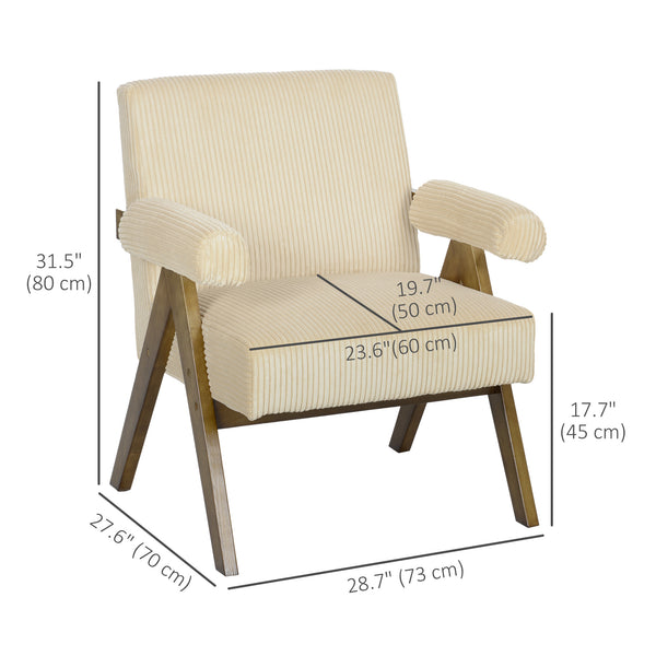 Corduroy accent chair with wide seat and padded armrests, beige