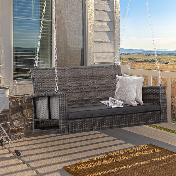 Hanging swing for 2 people in rattan with cushion and steel chains, grey