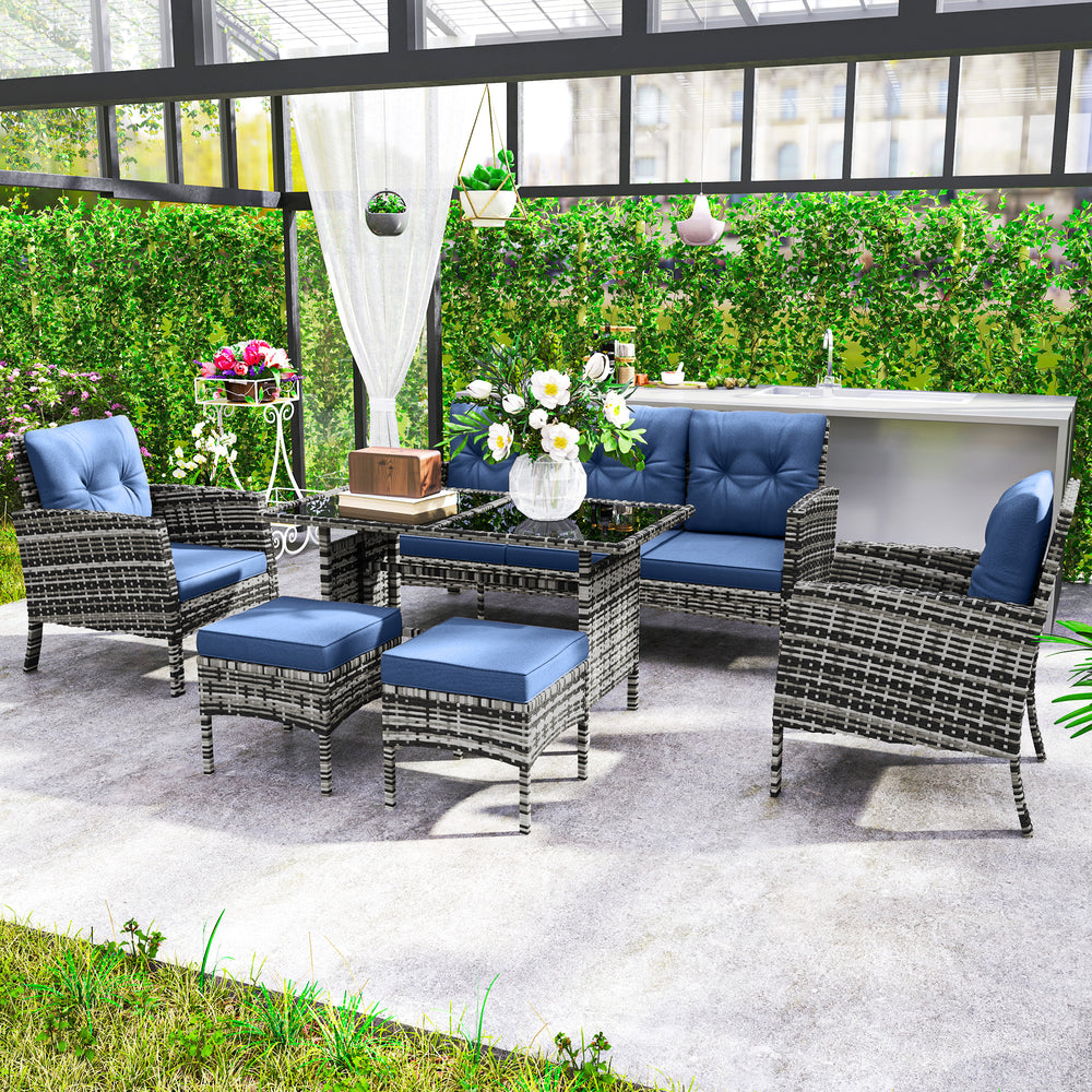 6 Piece Garden Furniture Set with Garden Chairs, Ottomans, Sofa, Glass Table and Cushions, Navy Blue
