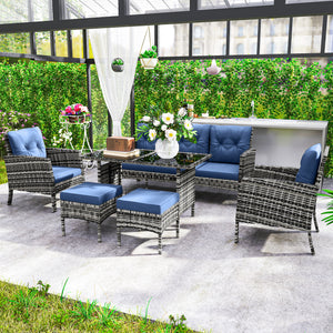 6 Piece Garden Furniture Set with Garden Chairs, Ottomans, Sofa, Glass Table and Cushions, Navy Blue