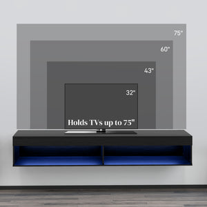 Modern wall-mounted TV cabinet with LED lighting for TVs up to 75 inches, black