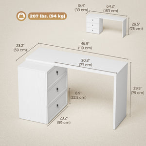 Convertible straight or L-shaped computer desk with 3 drawers and large workspace – White wood effect
