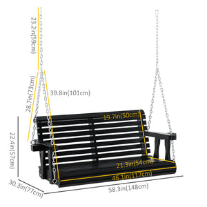 Two-seater wooden swing with cup holder and chains, black