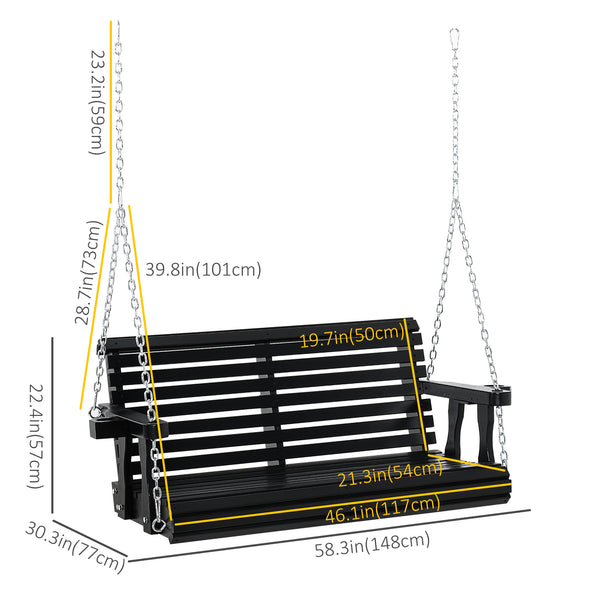Two-seater wooden swing with cup holder and chains, black