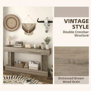 Narrow, vintage-style console table with storage shelf, light brown