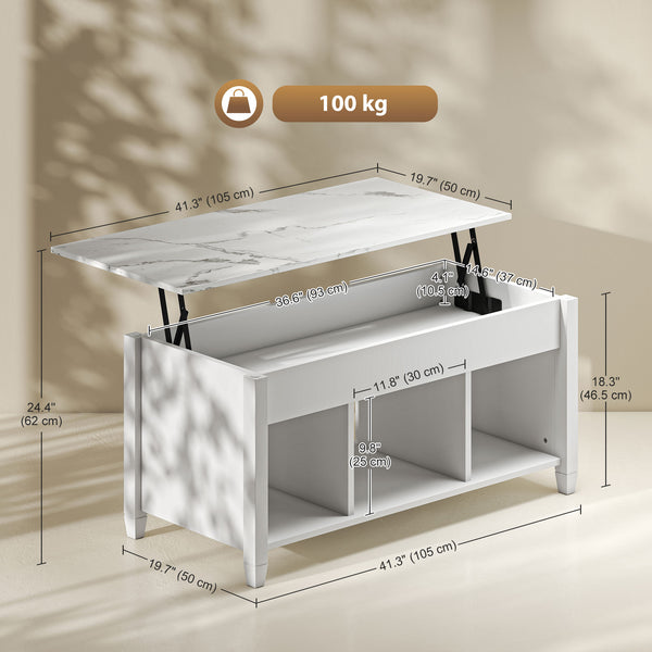 Modern lift-top coffee table with storage shelves and hidden compartment, white