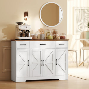 47" Buffet with Soft-Close Hinges, Country Style, with 3 Drawers, Adjustable Shelves, and Spice Rack, White