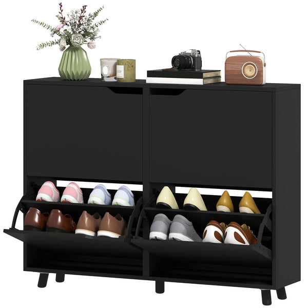 Narrow shoe cabinet for 16 pairs of shoes with 4 hinged drawers and adjustable shelves, black