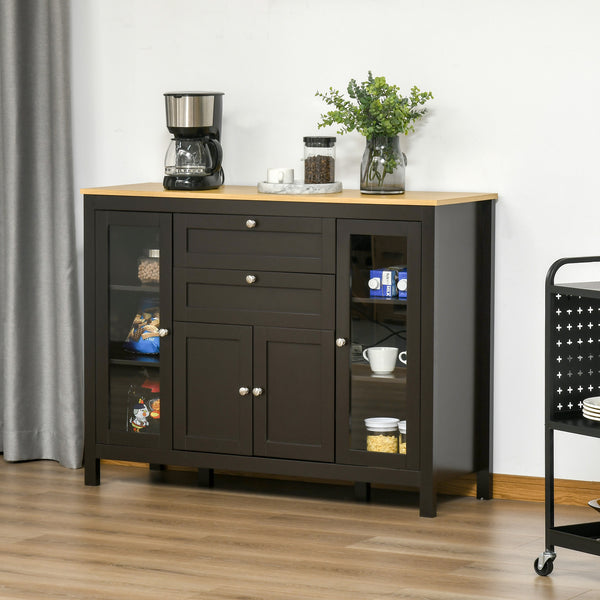 Sideboard with 2 drawers, 3 storage spaces, glass doors and adjustable shelves, dark brown