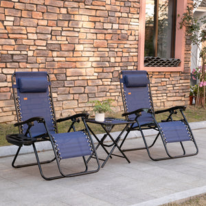 Zero Gravity Patio Chair Set of 2 with Side Table, Cup Holders and Cushions for Pool, Garden, Lawn, Beach, Blue