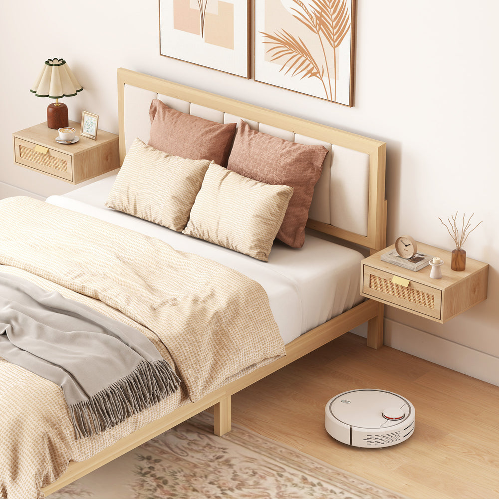 Set of 2 wall-mounted floating nightstands with rattan drawer and oak finish.
