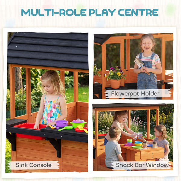 Wooden playhouse for children aged 3 to 8, with a table, benches, a sink, windows, and flower box holders, brown.