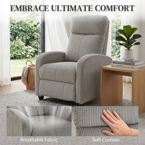 Corduroy recliner with upholstered seat, ideal for the living room, gray
