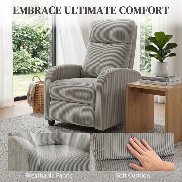 Corduroy recliner with upholstered seat, ideal for the living room, gray