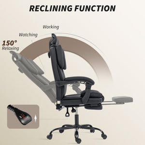 Reclining office chair with pet-friendly fabric upholstery, headrest, footrest, and swivel casters, black