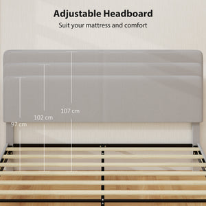 Queen size bed frame with adjustable upholstered headboard, wooden slatted base, quiet, light grey