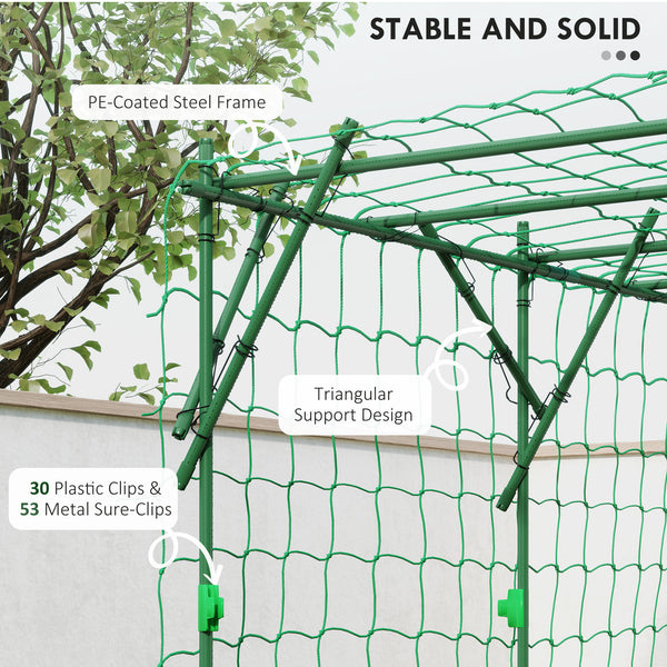 Garden arch for climbing cucumbers with support netting, green