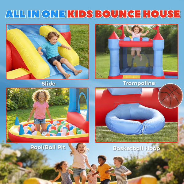 Château gonflable pour enfants avec toboggan, piscine à balles, panier de basket et souffleur pour une utilisation intérieure et extérieure.