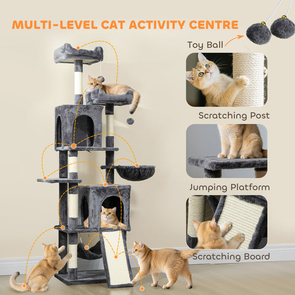 178cm Multi-Level Cat Tree with 2 Cabins, 2 Perches, Hammock, Play Balls, Dark Grey