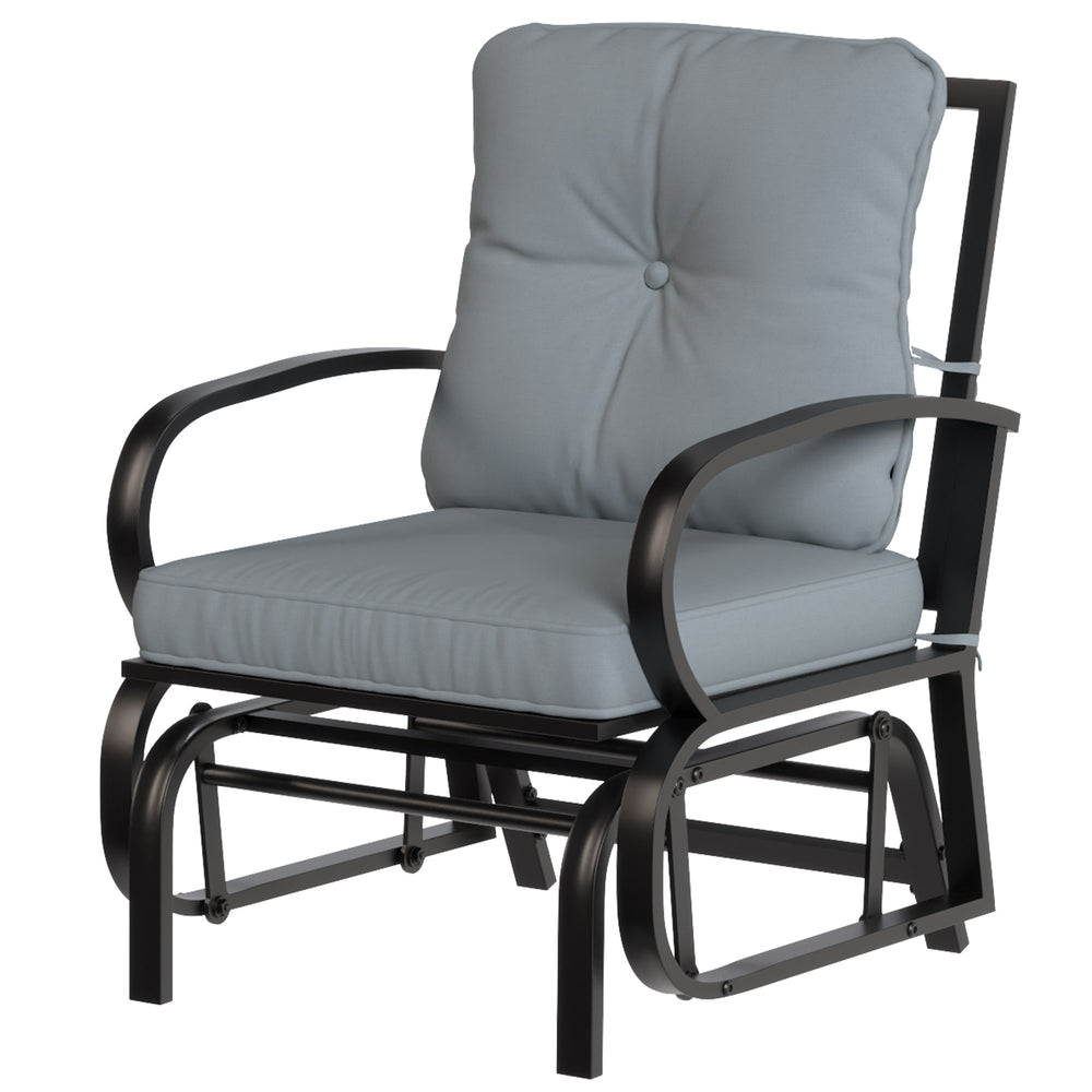 Rocking chair with cushions, steel frame, curved armrests, light gray