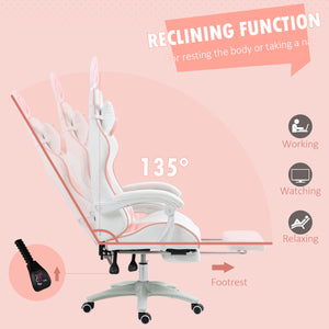 PU leather gaming chair with footrest, headrest and lumbar support, white and pink