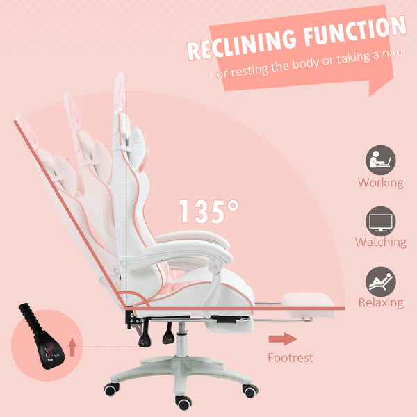 PU leather gaming chair with footrest, headrest and lumbar support, white and pink
