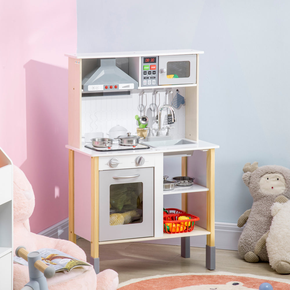 Wooden children's kitchen with realistic lights and sounds, microwave, extractor fan, white