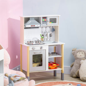 Wooden children's kitchen with realistic lights and sounds, microwave, extractor fan, white