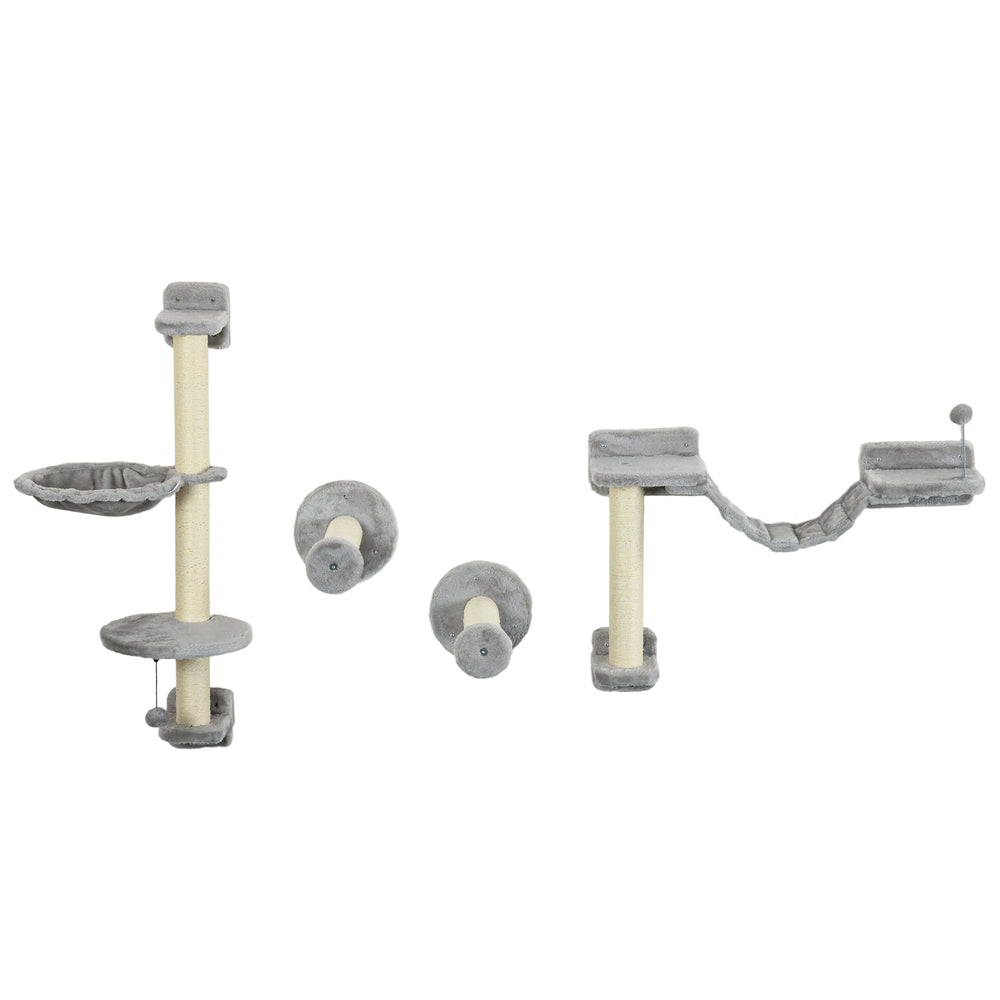 Wall-mounted cat shelves with hammock, scratching post, ladder and balls, grey