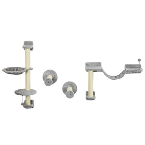 Wall-mounted cat shelves with hammock, scratching post, ladder and balls, grey