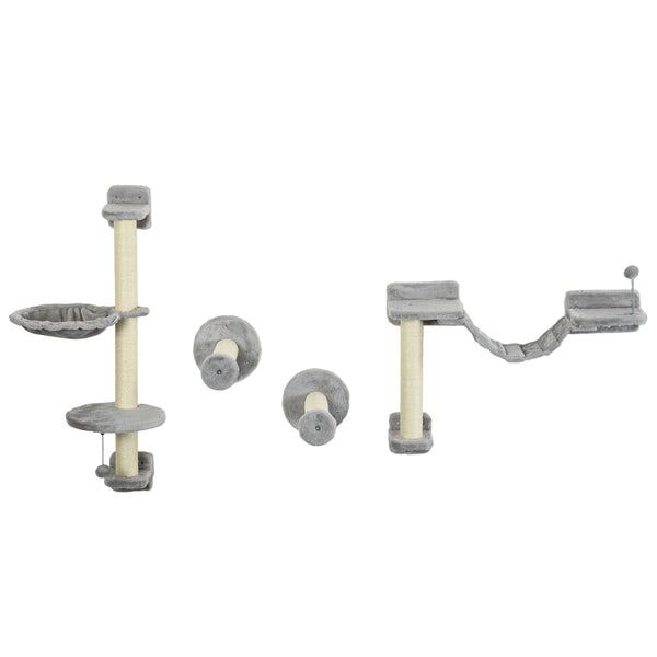 Wall-mounted cat shelves with hammock, scratching post, ladder and balls, grey